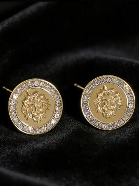 Gold Medallion Lion Stud Earrings with Crystal Halo